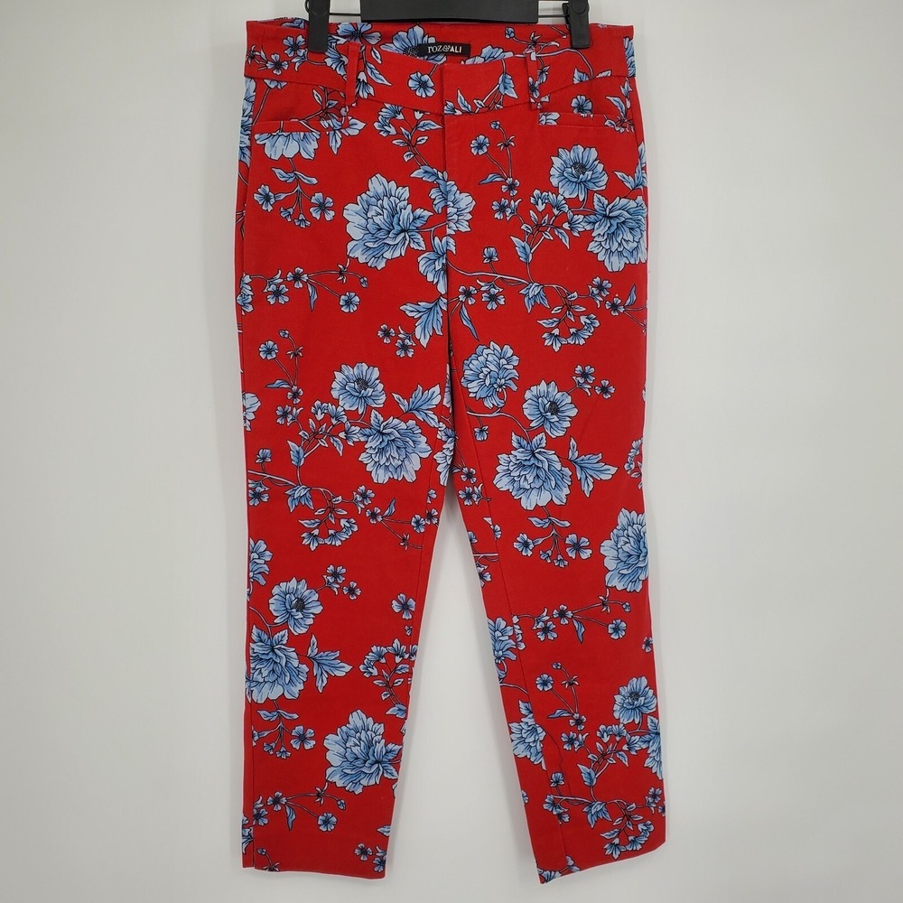 Roz & Ali Size 6 Women's Pants Red-Blue Floral Straight Leg Stretch Cropped